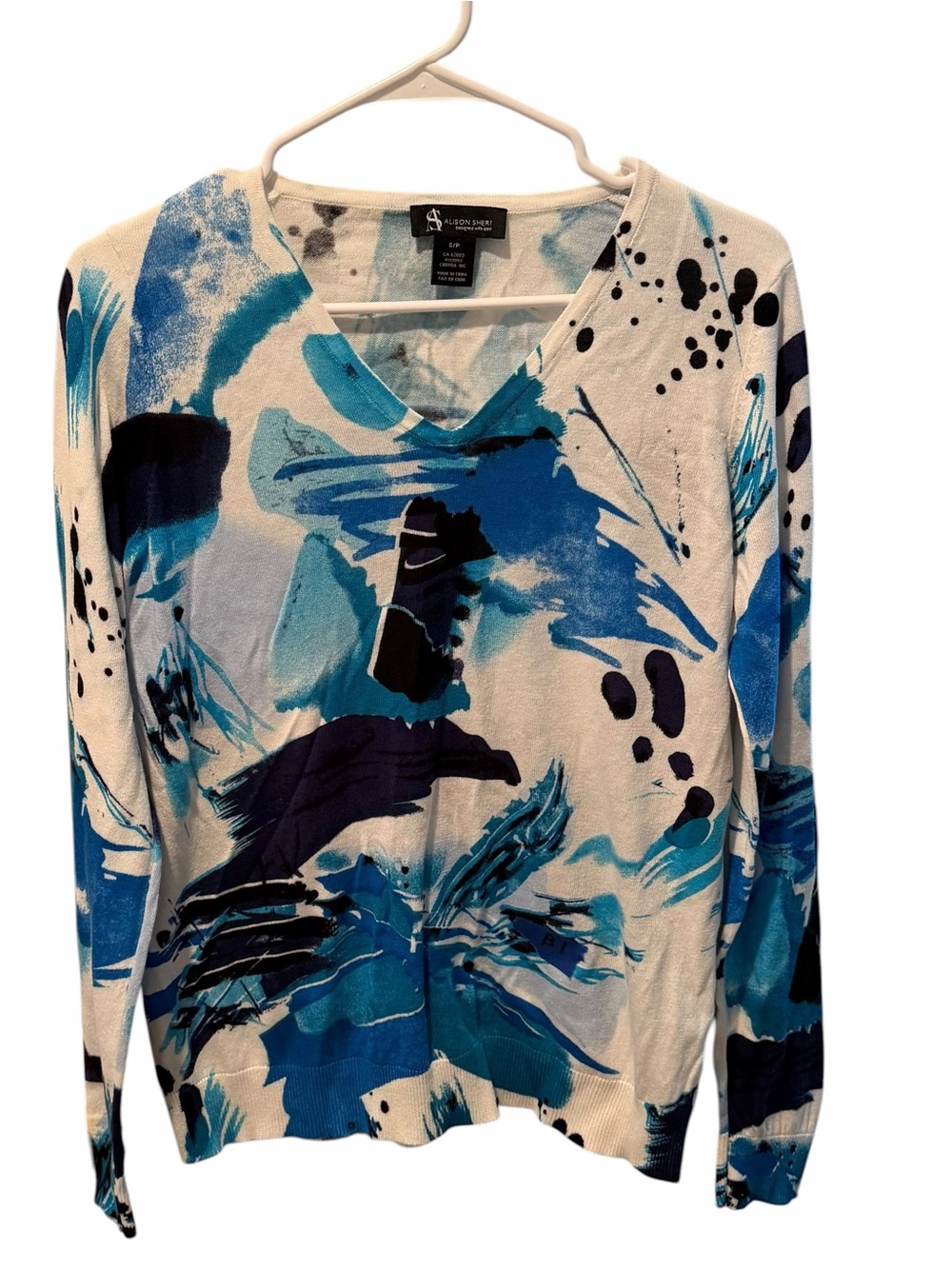Alison Sheri Abstract Blue White V-Neck Lightweight Knit Sweater Small